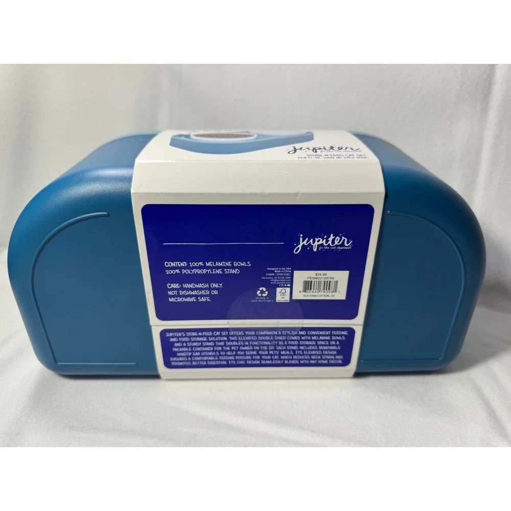 Jupiter Double Cat Bowl Stand & Storage – Teal Elevated Feeder Set